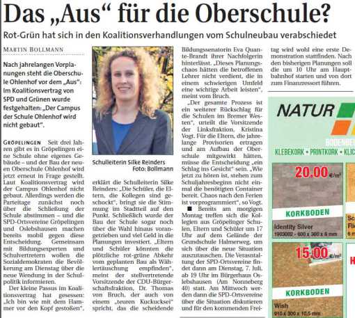 Das "Aus" für den Campus Ohlenhof - Rot-Grün hat sich in den Koalitionsverhandlungen vom Schulneubau verabschiedet